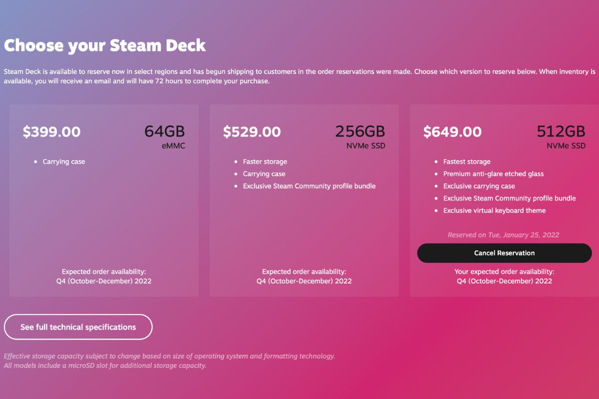 Steam Deck Reservation page showing a Q4 delivery date