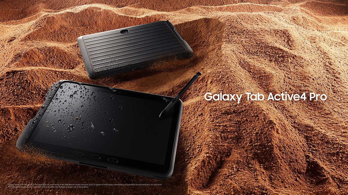 Samsung Galaxy Tab Active Pro 4 in the sand showing off its ruggedness