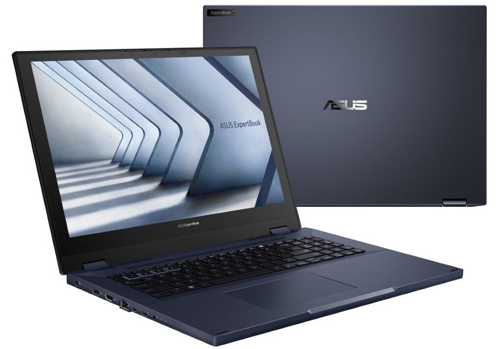 Two Asus ExpertBook B6 Flip laptops, one with the lid open and one with the lid closed