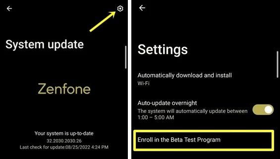 Asus Zenfone 9 Android 13 close beta enrollment screenshot.