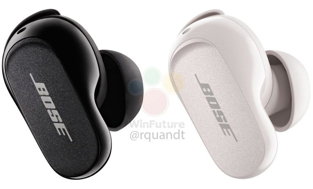 Bose QuietComfort Earbuds II in black and white on white background.