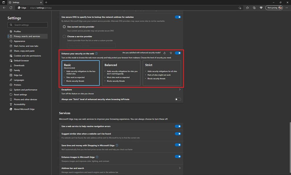 Screenshot of Microsoft Edge settings showing enhanced security mode is enabled and set to the Basic level