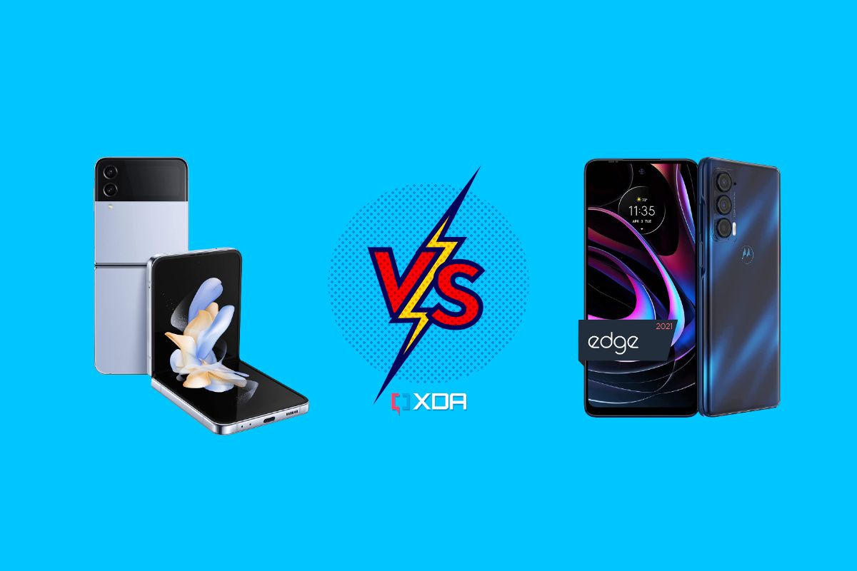Galaxy Z Flip 4 vs Motorola Edge 2021 on a solid blue background