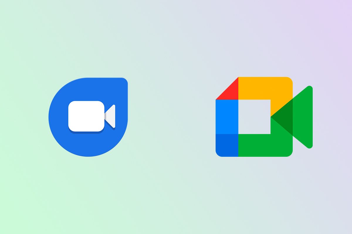 Google Duo and Google Meet app icons on gradient background.