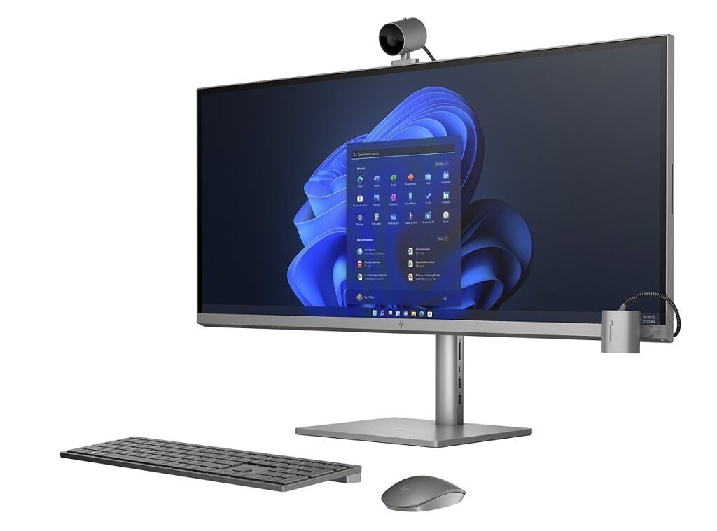 Angled view of the HP 35 All-in-One Desktop PC with two cameras attached in different positions