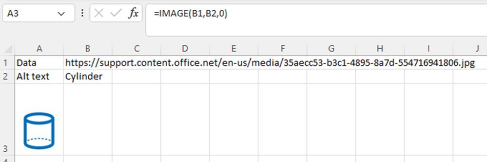 A screenshot of an Excel spreadsheet where one cell contains a link to an image file, and another cell uses the IMAGE function to display that image.