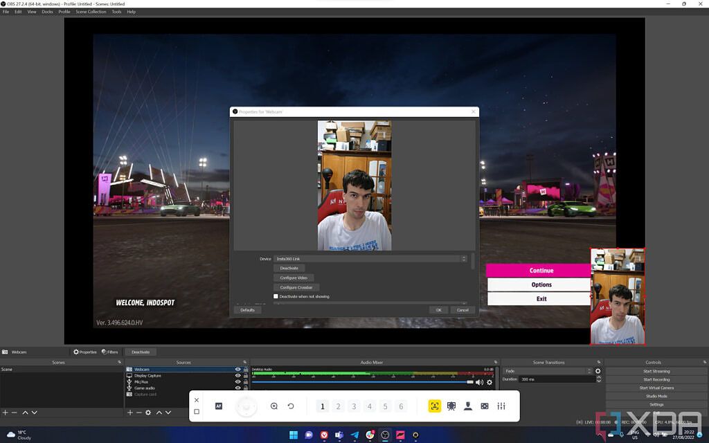 Screenshow of OBS Studio with the Insta360 Link Controller overlay displayed over it. In the OBS Studio window, it can be seen that the webcam is set to be used in vertical mode.
