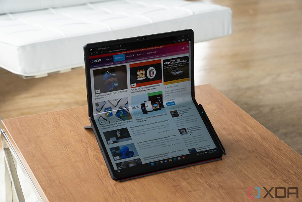 Angled view of foldable laptop showing XDA