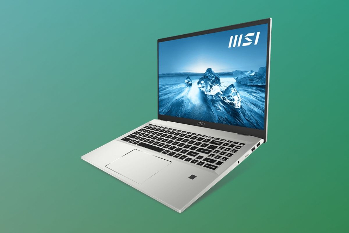 MSI Prestige 16 over a gradient blue and green background