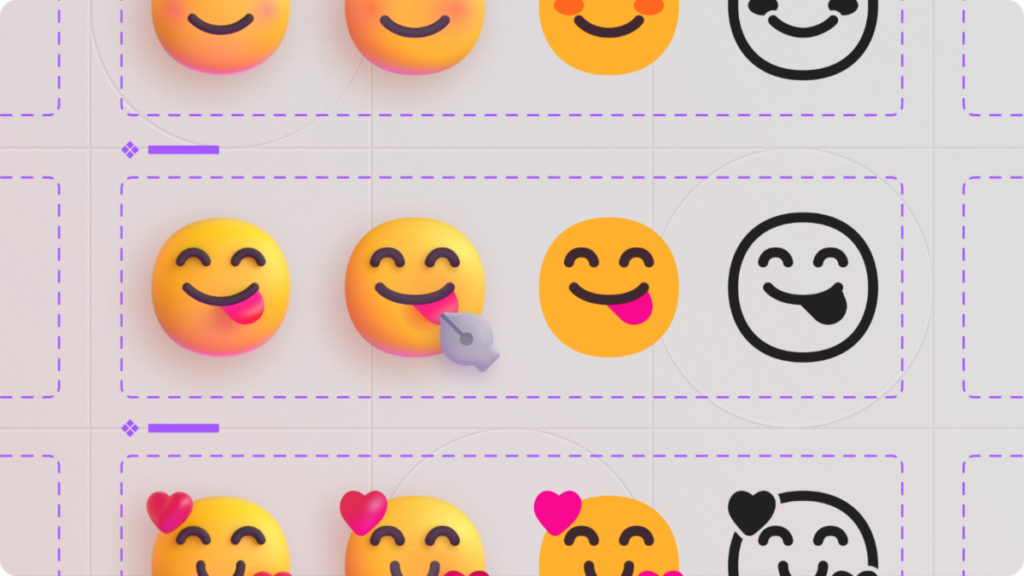 Different variants of Microsoft emoji, including 3D, flat, and monochrome styles