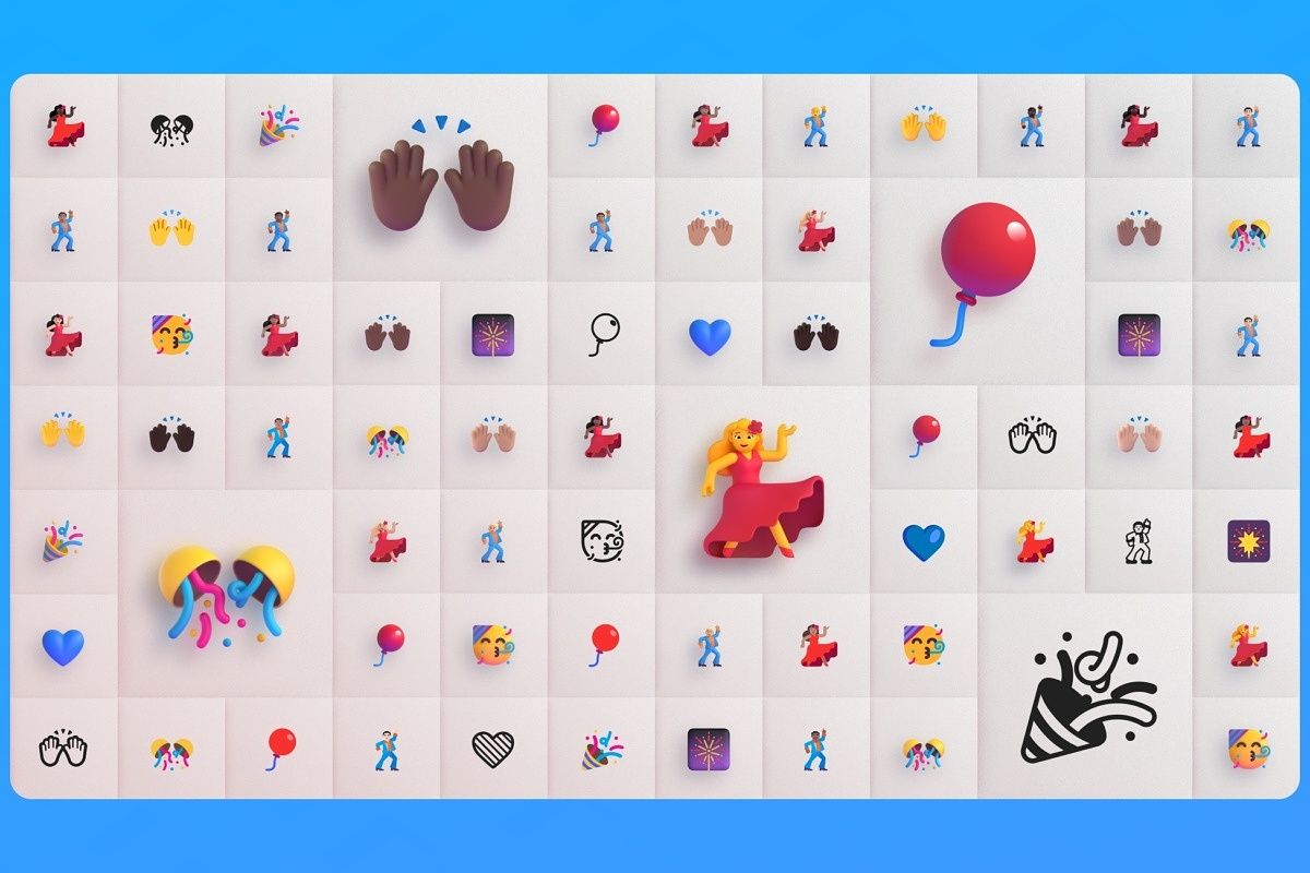 Various emoji in Microsoft's Fluent design style, some represented in larger sizes than others