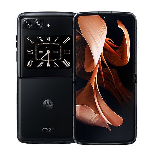 Motorola Moto Razr 2022 unfolded front and back on white background.
