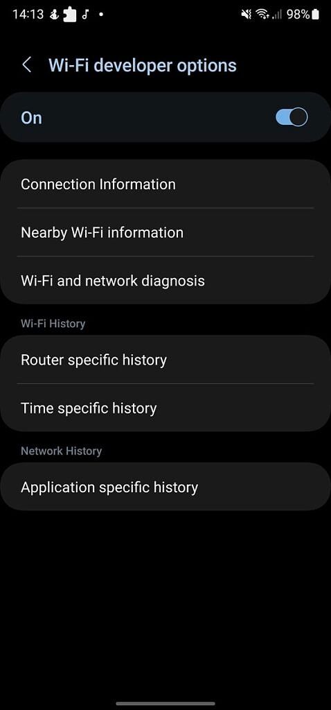 One UI 5.0 Wi-Fi developer options.