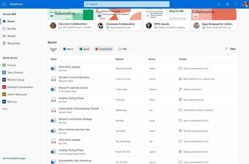 Screenshot of the Home section in OneDrive