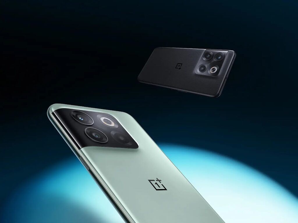 OnePlus 10T 5G smartphone in Jade Green and Moonstone Black color floating in the space