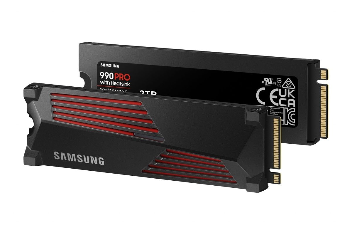 Samsung 990 Pro SSD with heatsink seen from both sides