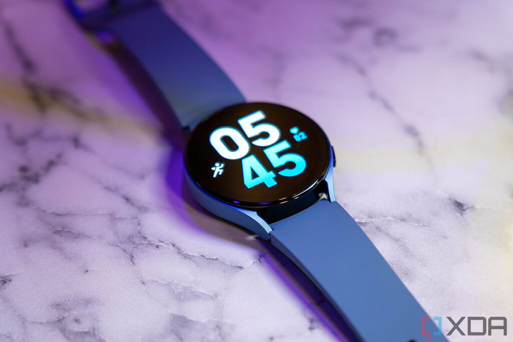 Galaxy Watch 5 in Sapphire colorway laying on a flat surface