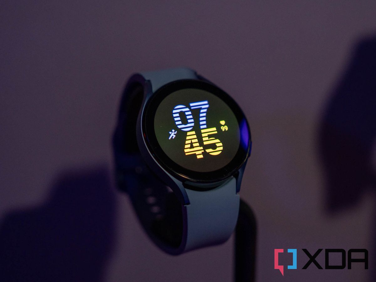 Galaxy Watch 5 in Sapphire colorway on a stand