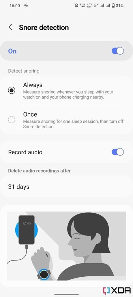 Snoring detection settings in Samsung Health app