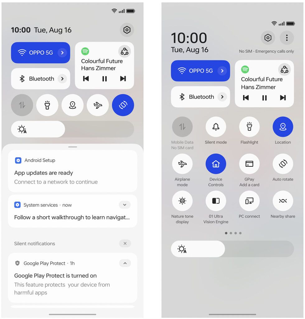 Screenshots showing the updated Quick Settings and Control Center in ColorOS 13.
