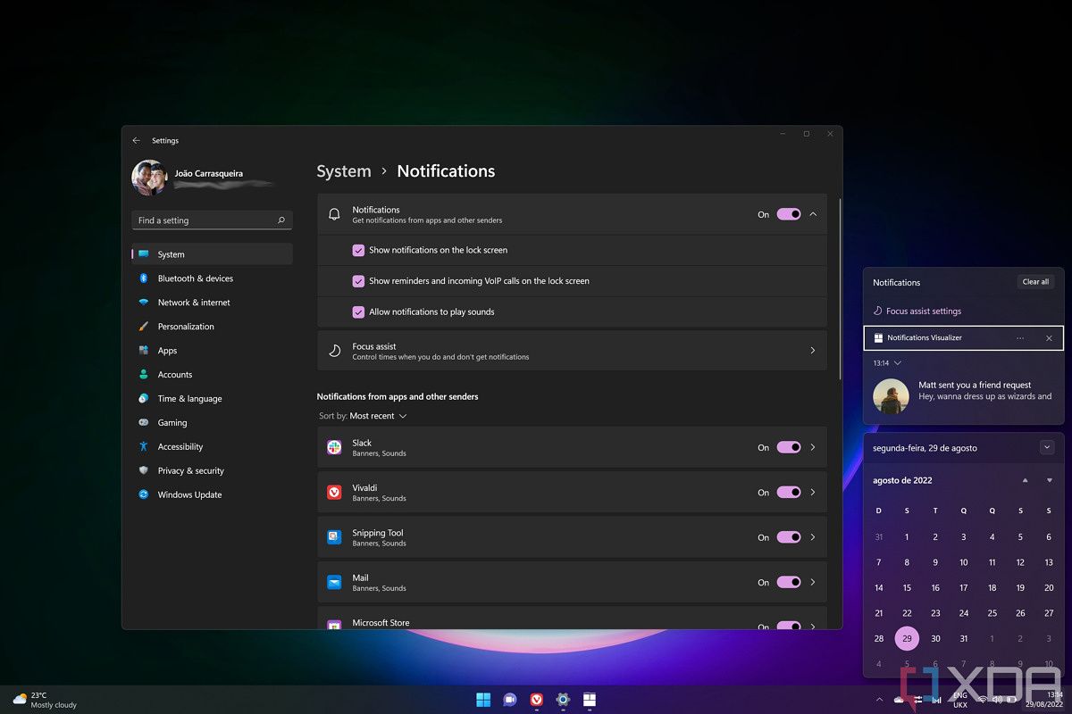 Screenshot of a Windows 11 desktop with the Settings app open to the Notifications page. The notification center is also open.