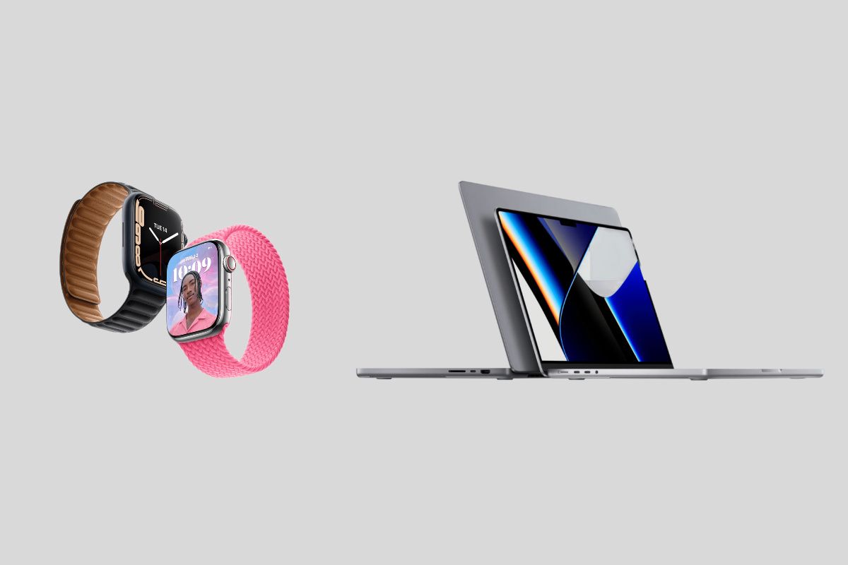 applewatch and macbook together on a grey background