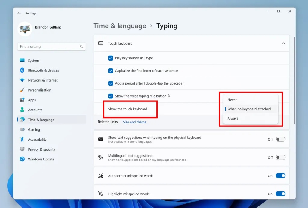 Screenshot of the new touch keyboard settings in Windows 11 build 25188