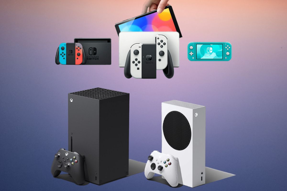 Nintendo Switch family and Microsoft Xbox family on a nice gradient background