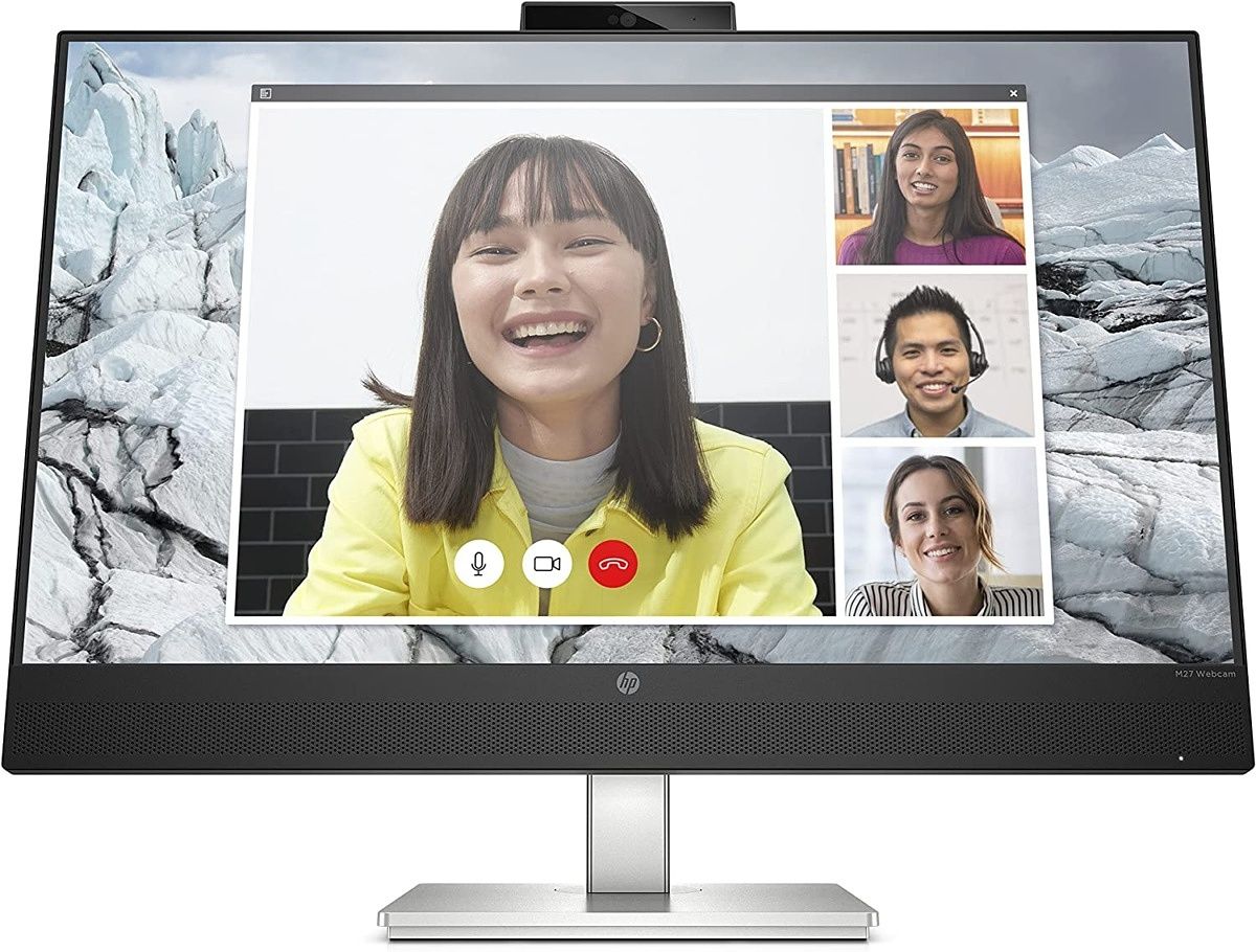 Der HP M27 Webcam-Monitor verfügt oben über eine Webcam sowie Mikrofone und eine Lautsprecherleiste, damit Sie bei wichtigen Besprechungen optimal aussehen und klingen.