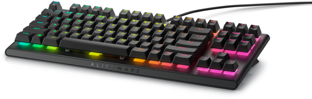 Angled view of Alienware TKL Gaming Keyboard AW420K with RGB lighting enabled