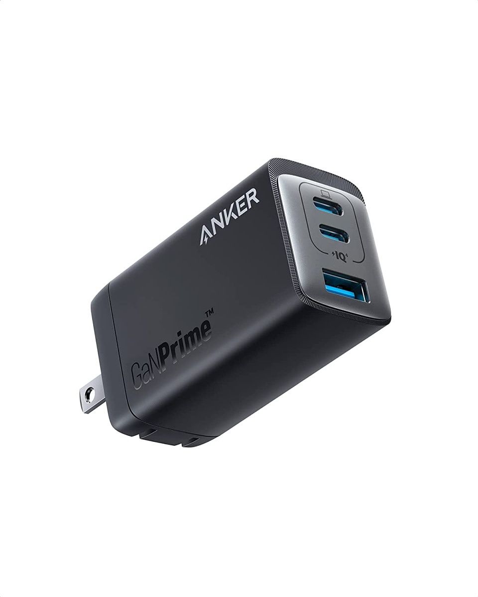Are you looking for a charger that can charge your iPhone, laptop and tablet on the same device?  This three-port charger from Anker has you covered.  The GaN-powered charger has two USB-C ports and one USB-A port and can charge a single device at up to 65W.  It's 53% smaller than a standard 67W charger and supports PPS technology and Anker PowerIQ 4.0 technology for a safer charging experience.