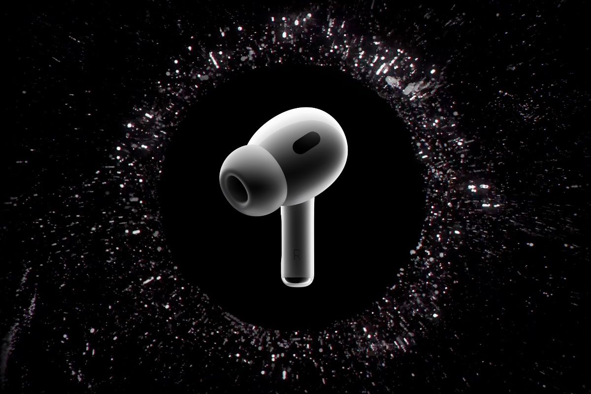 Apple AirPods Pro 2 earbud surrounded by splashing particles on black background.