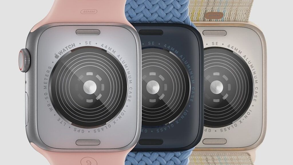 VIew of the backplate on the Apple Watch SE 2 in three different colors