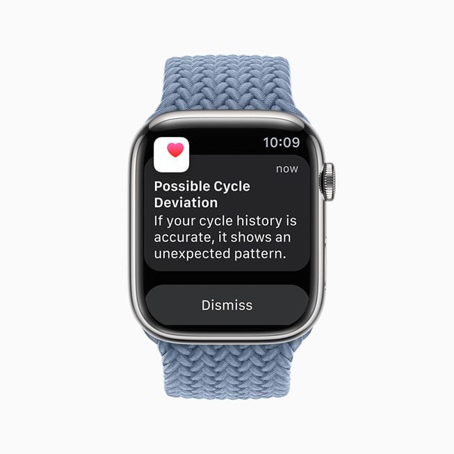 Apple Watch Series 8 on white background with Possible Cycle Deviation alert on screen.