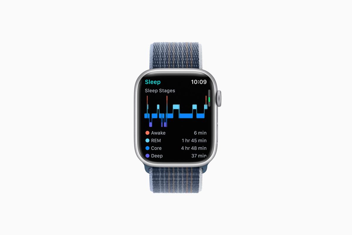 Apple Watch Series 8 with sleep stages on the screen on gray background.