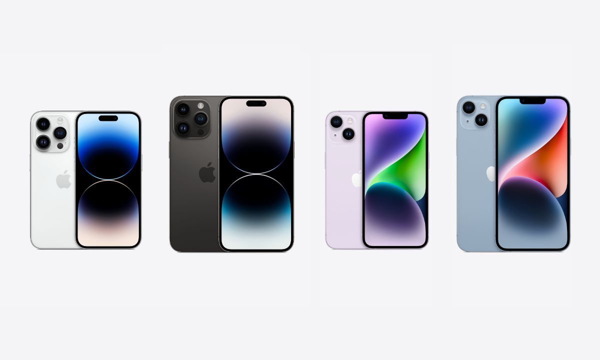 All the new iPhone 14 series phone on a grey background