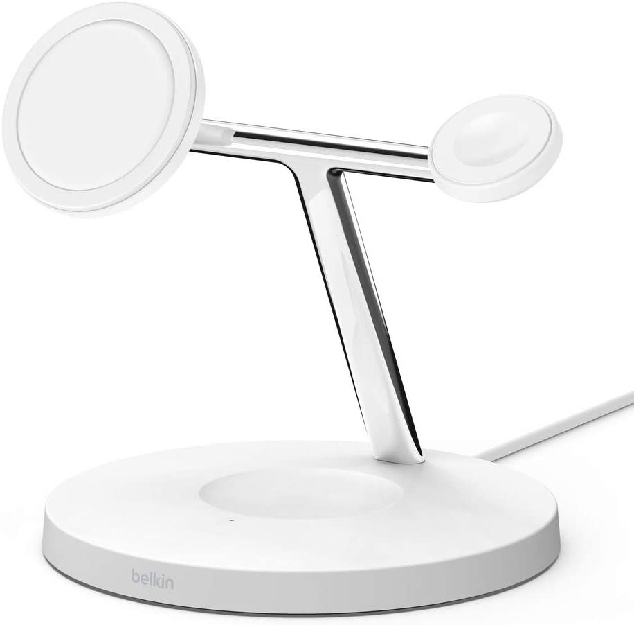 Belkin’s MagSafe wireless charging stand can charge up to three devices at the same time, including your iPhone, Apple Watch, and AirPods case. The charger uses official MagSafe tech and supports fast charging up to 15W. Mount the phone in portrait or landscape mode and take video calls or watch your favorite movie while it charges.