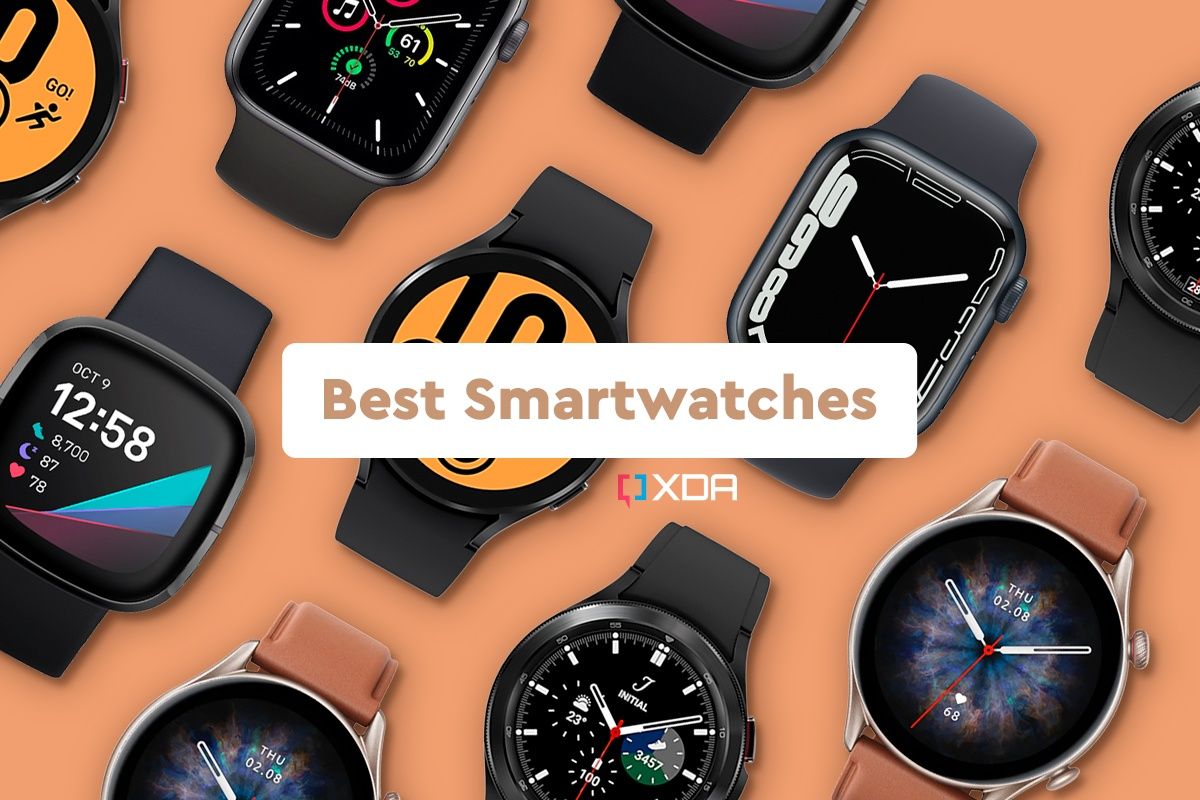 An illustration image featuring some of the best smartwatches of 2022 on a peach-colored background.