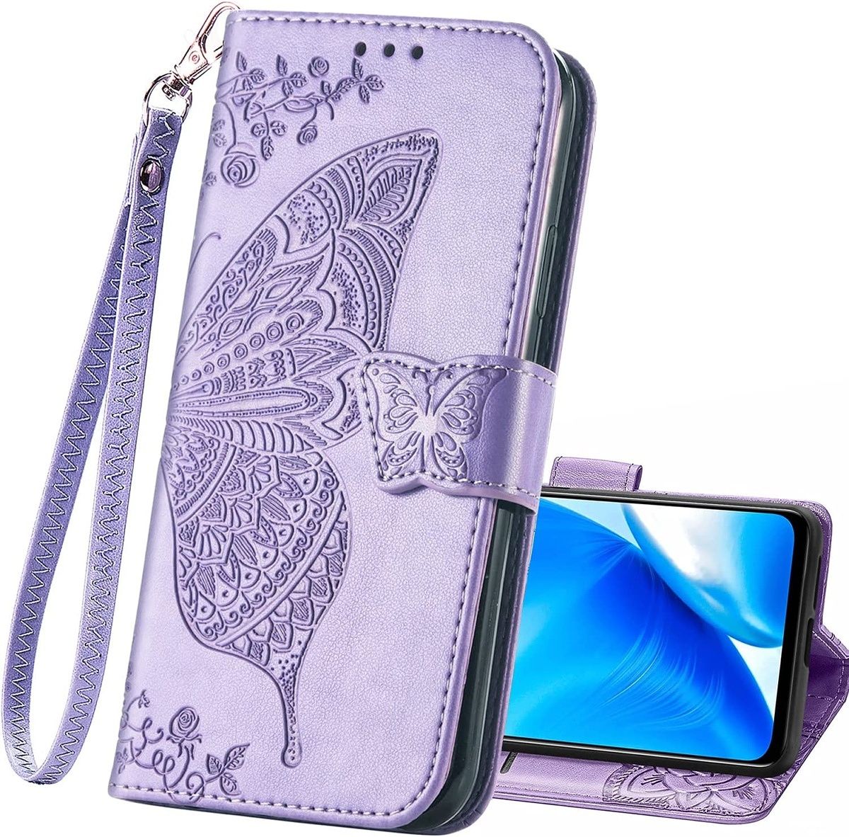 This stylish wallet case is handcrafted from high-qualtiy faux leather and features a butterfly flower design. It has a detachable strap, kickstand function, and three card slots. The case is available in multiple colors, including Lavender, Pink, Purple, Rose Gold, and Black.