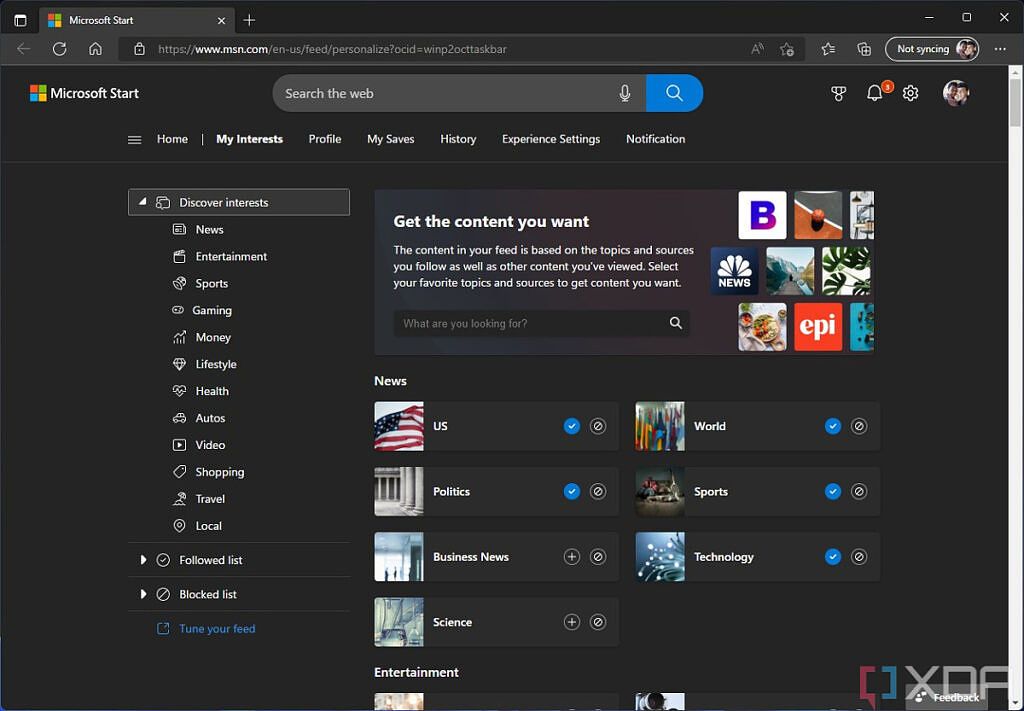 Screenshot of the Microsoft Edge browser showing the interests customization page for Microsoft Start, which affects the news shown in the Widgets panel