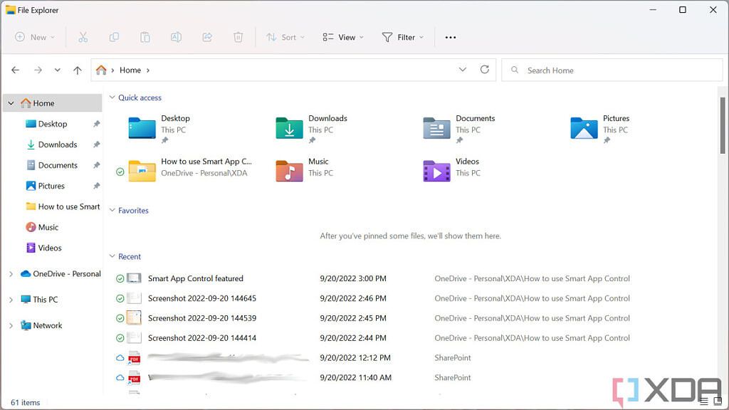 File Explorer Home page in Windows 11 2022 Update