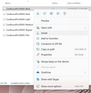 File Explorer context menu showing option to install a font