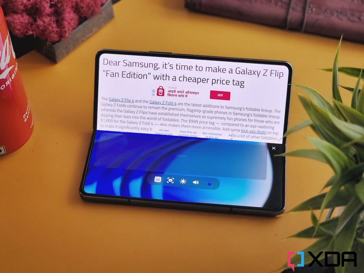 A Samsung Galaxy Z Fold 4 kept on a table with the Flex mode enabled