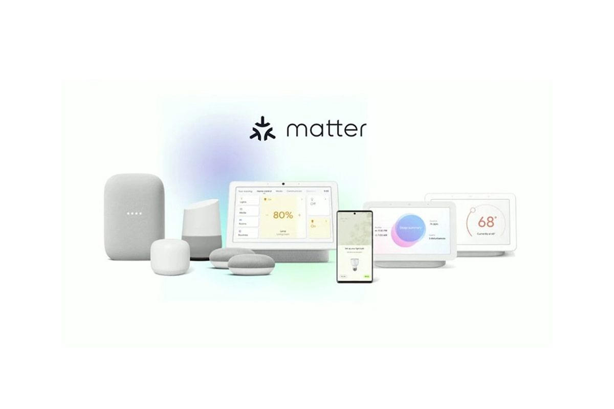 Google Nest Home devices with Matter logo on white background.