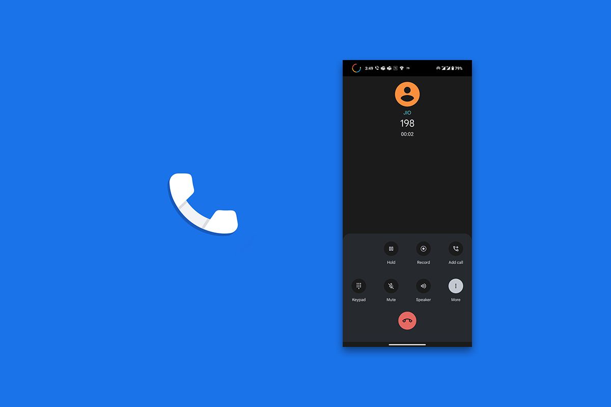 Google Phone logo next to screenshot of new in-call UI on blue background.