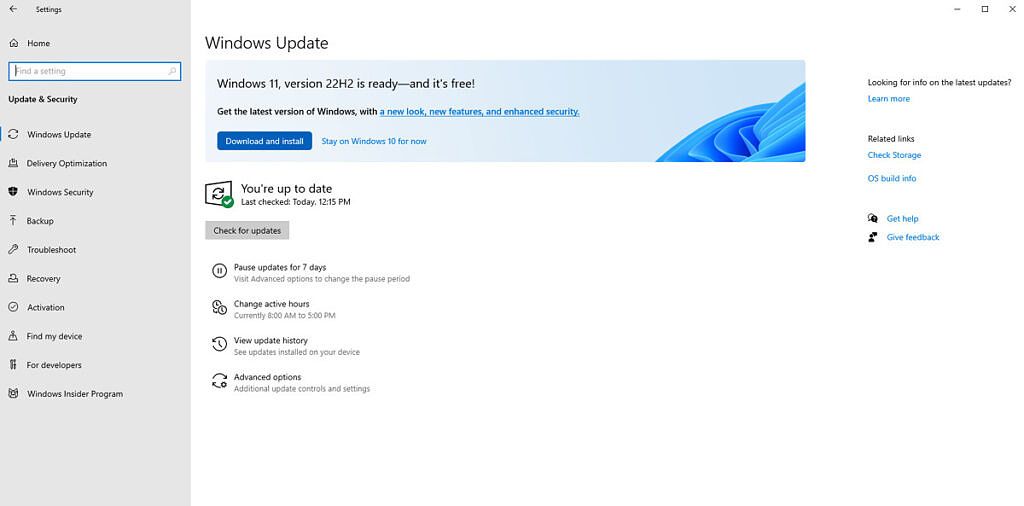 Screenshot of Windows Update o Windows 10 showing that version 22H2 is available to download and install