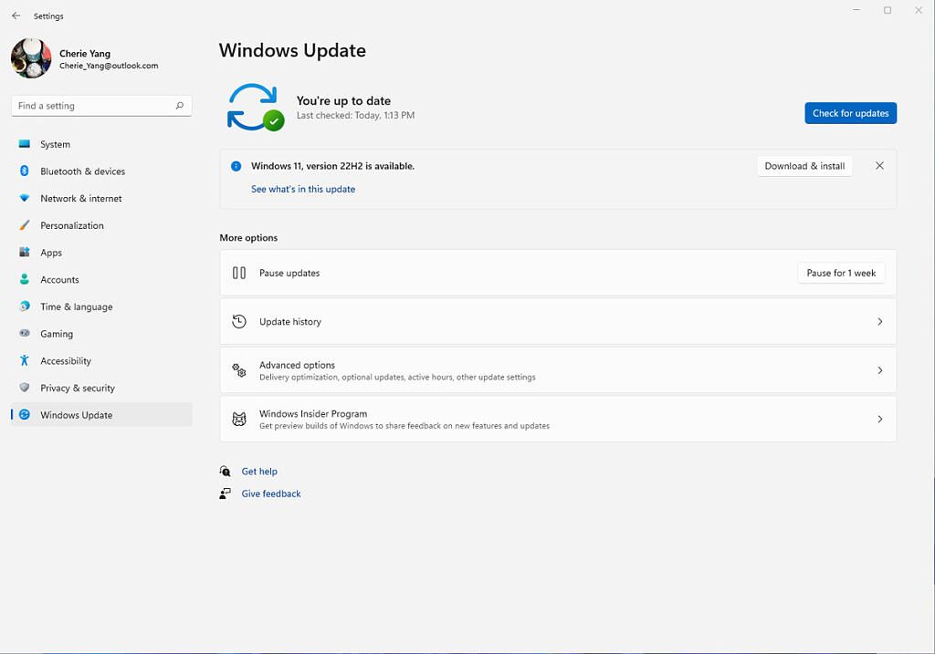 Screenshot of Windows Update o Windows 11 showing that version 22H2 is available to download and install
