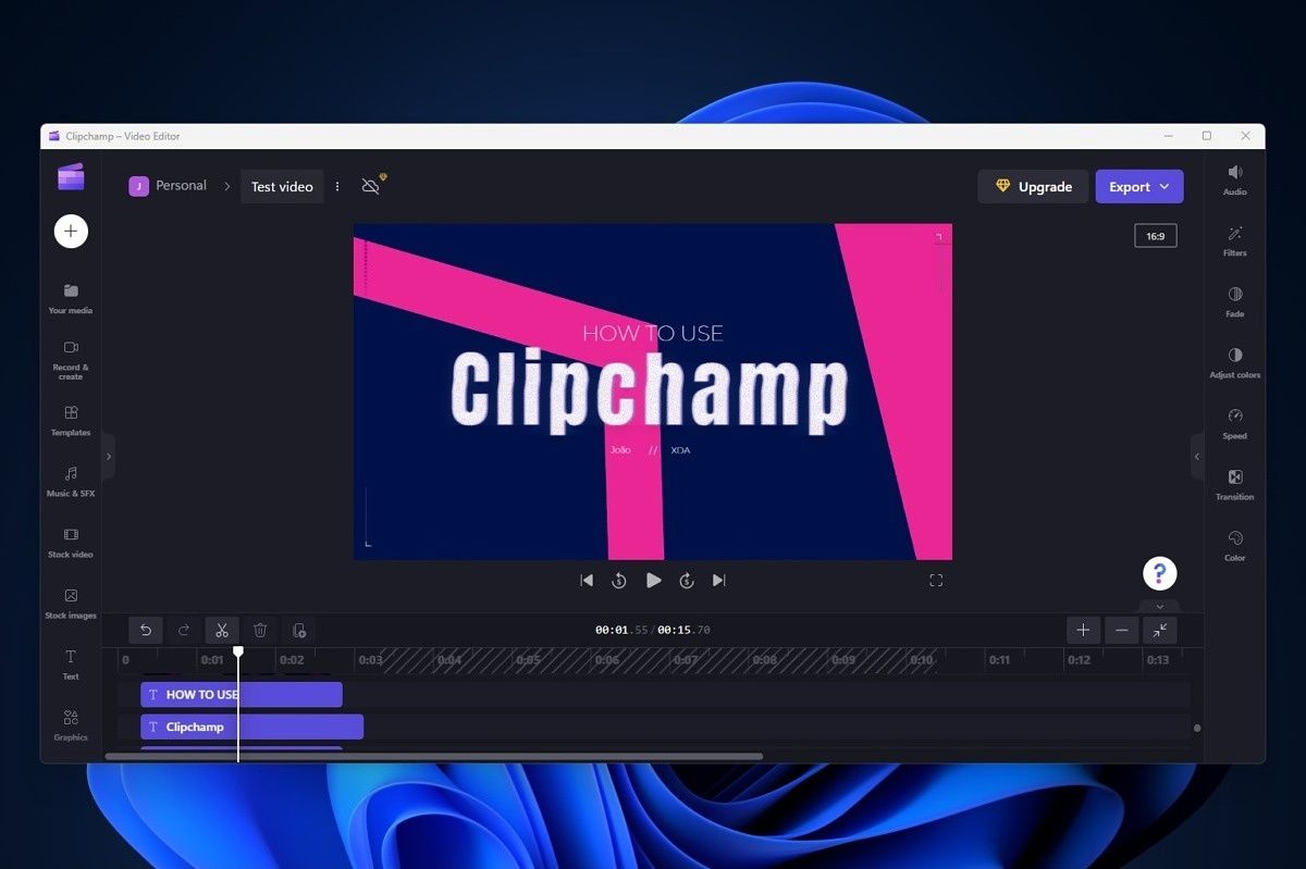 Screenshot of the Clipchamp video editor open over the Windows 11 desktop background