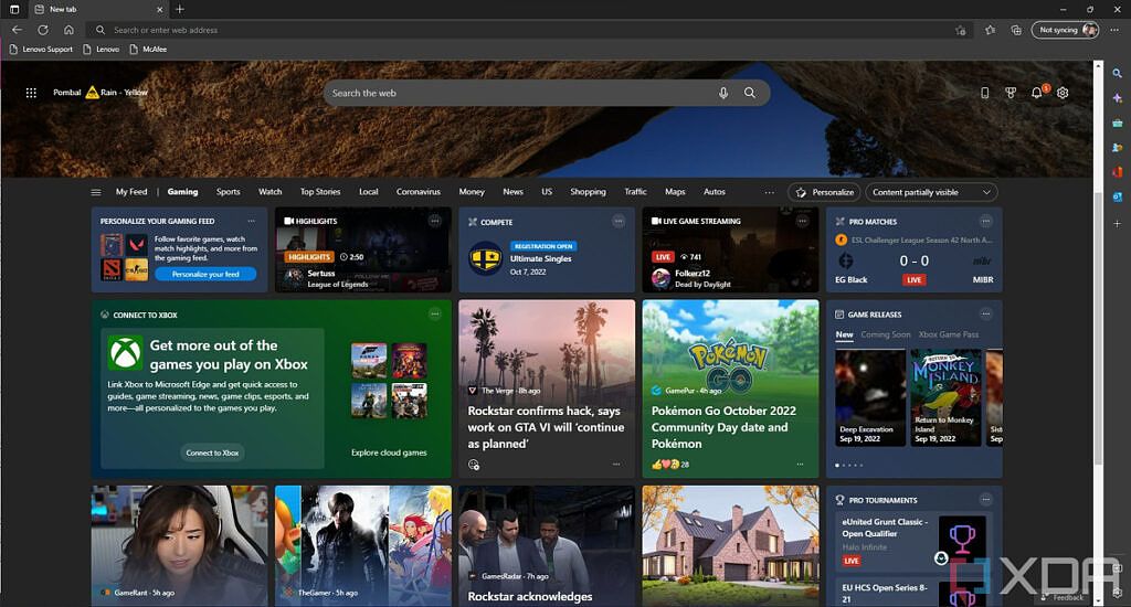 Gaming homepage in Microsoft Edge