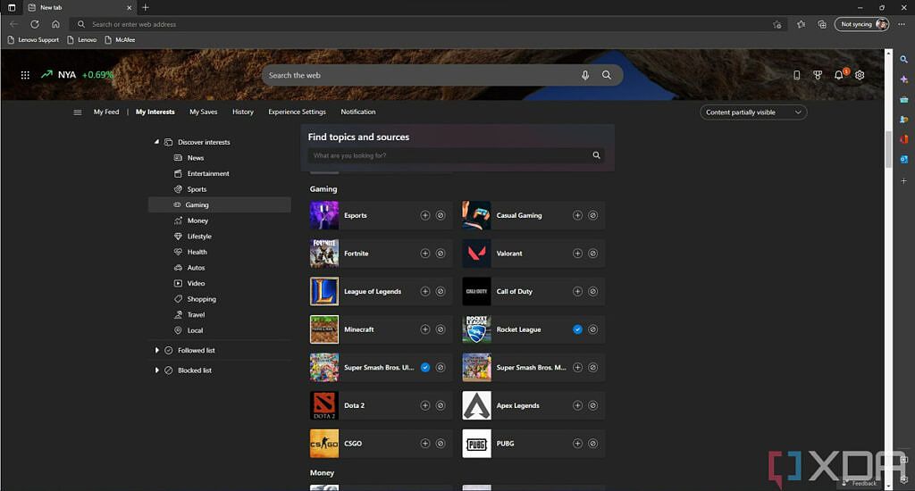 Screenshot of interests to choose from for the gaming feed in Microsoft Edge